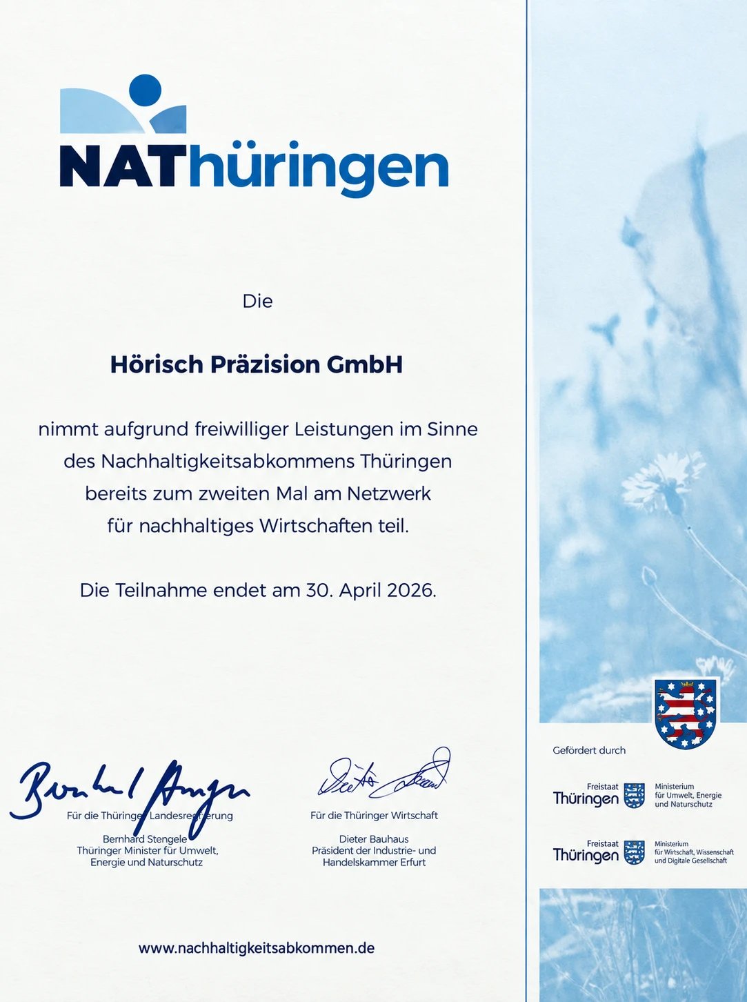 Teilnahmeurkunde des Nachhaltigkeitsabkommens Thüringen für Hörisch-Präzision